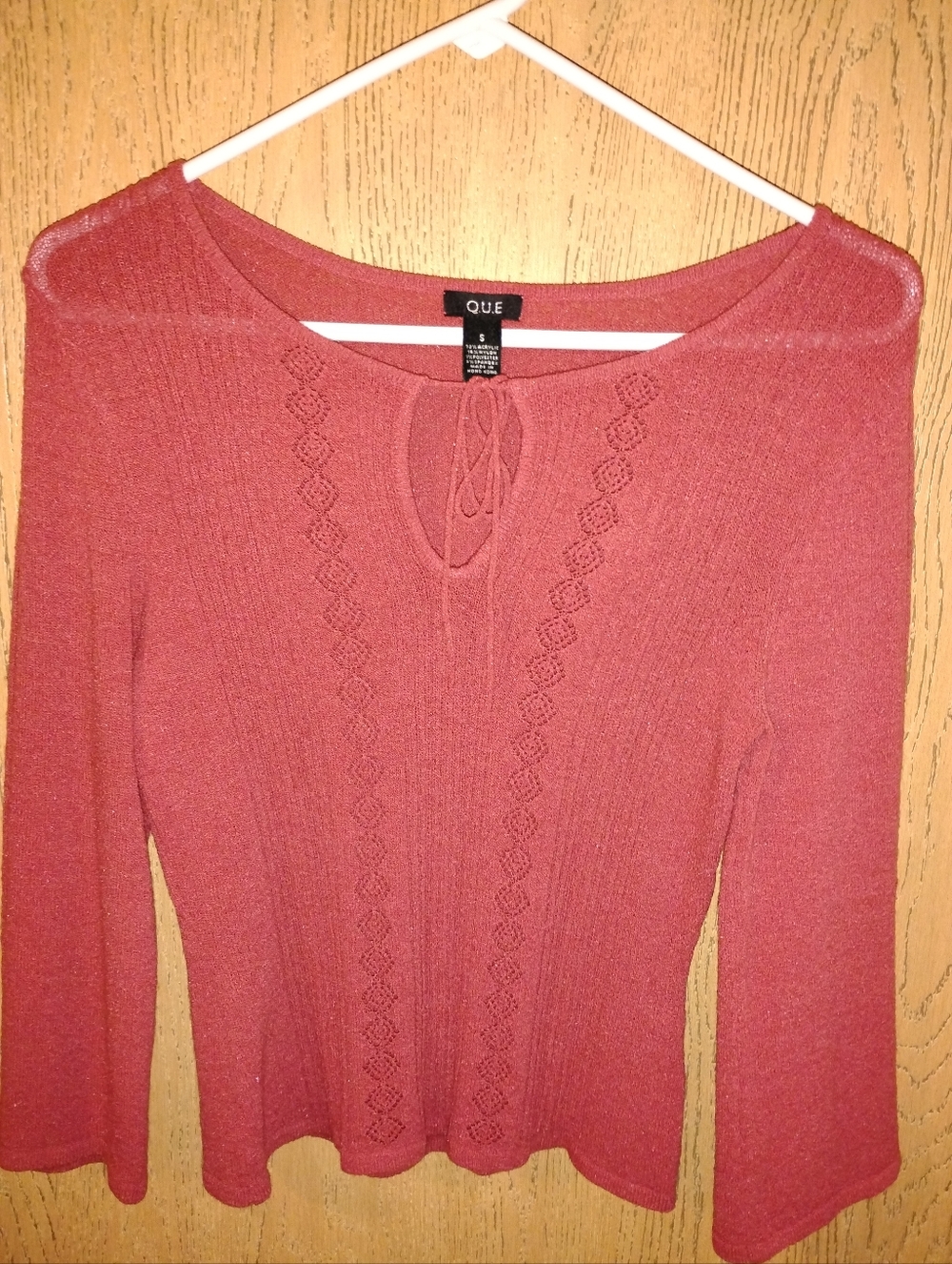 Q.U.E. Rose Pointelle Knit Top Small Bell Sleeve Keyhole Tie Y2K Boho
